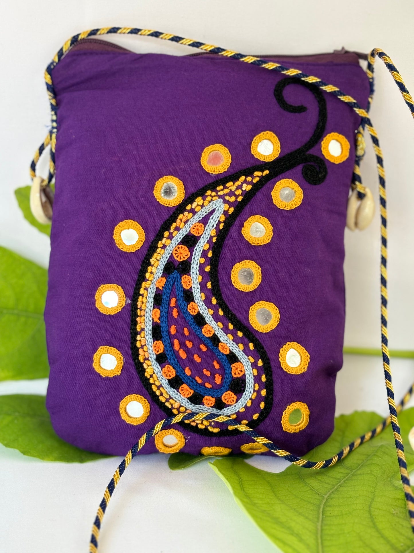 Women's Stylish Purple Shankh Design Sling Bag Embroidery Design